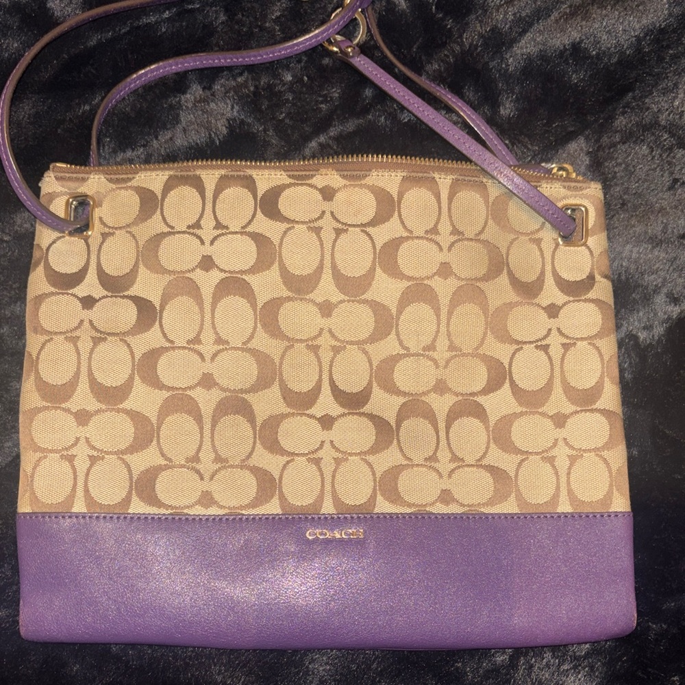 Coach Madison file bag #51086 Signature Tan and Purple Shoulder Bag.